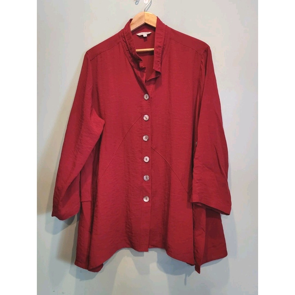 John Mark Dark Red Roll Tab Sleeve Button Up Asymmetrical Tunic Top Sz 1X